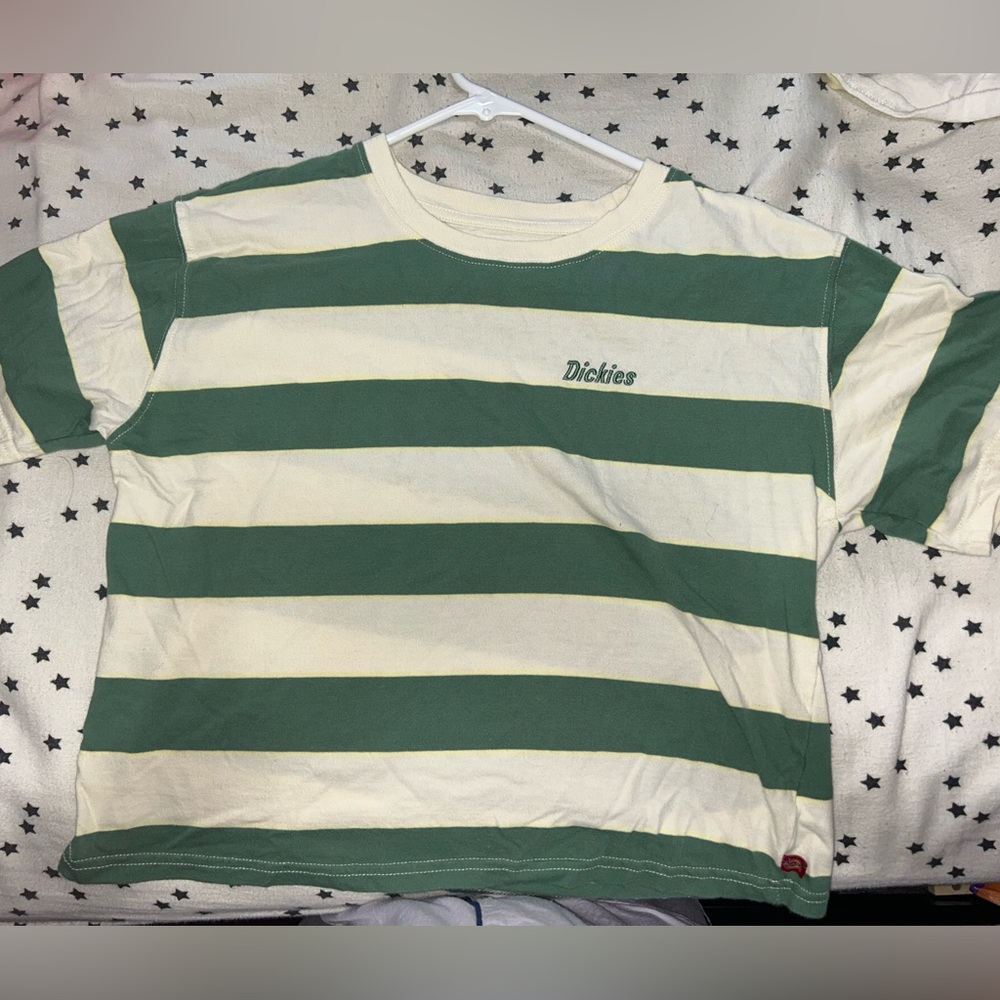 Dickies Green and White Striped Women’s Cropped Shirt